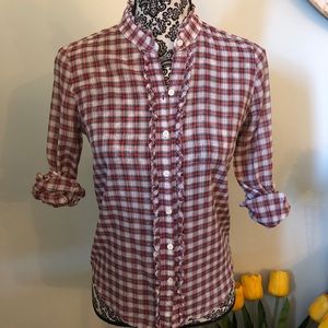 J.CREW TARTAN PLAID RUFFLE COLLARLESS SHIRT BUTTON DOWN BLOUSE SIZE 0